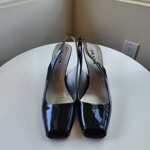 PRADA Square Open Toe Pump Black Patent Leather 6.5/36.5